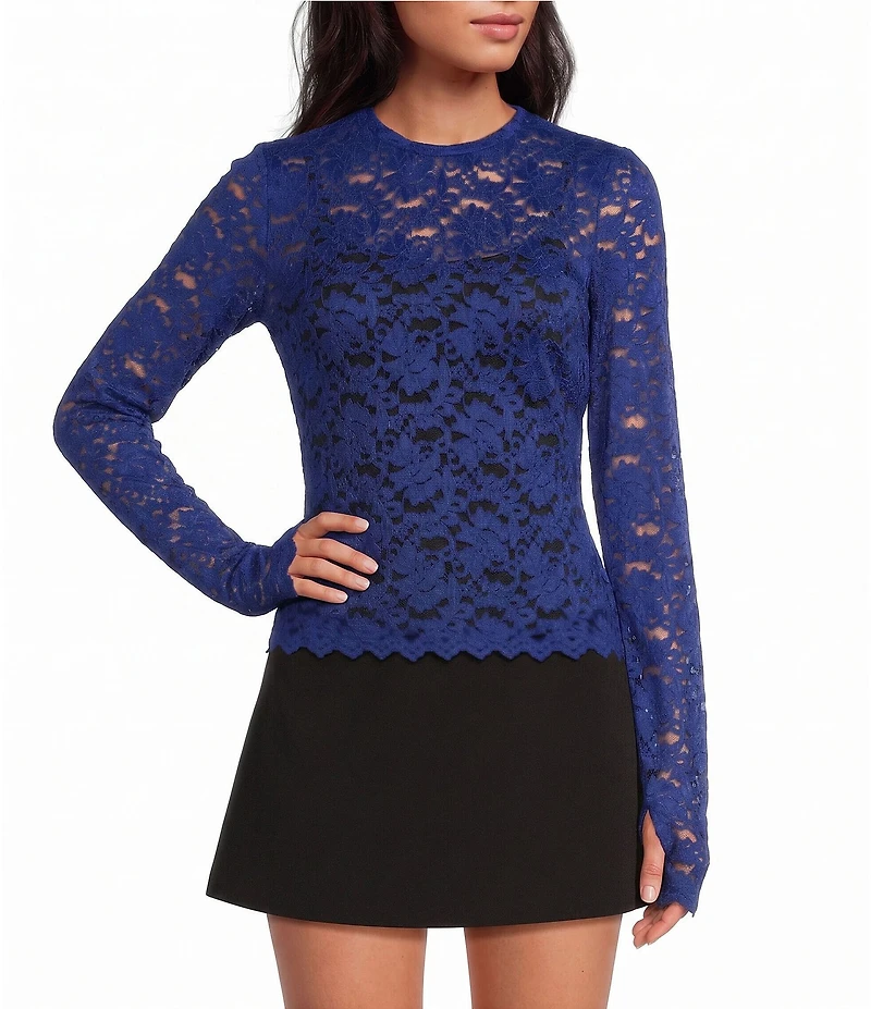 AFRM Kaylee Floral Crew Neck Long Sleeve Silken Lace Top