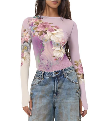 AFRM Kaylee Floral Printed Crew Neck Long Sleeve Mesh Top