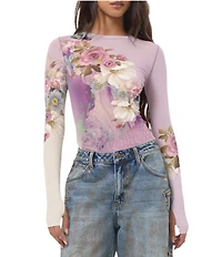AFRM Kaylee Floral Printed Crew Neck Long Sleeve Mesh Top