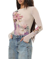 AFRM Kaylee Floral Printed Crew Neck Long Sleeve Mesh Top