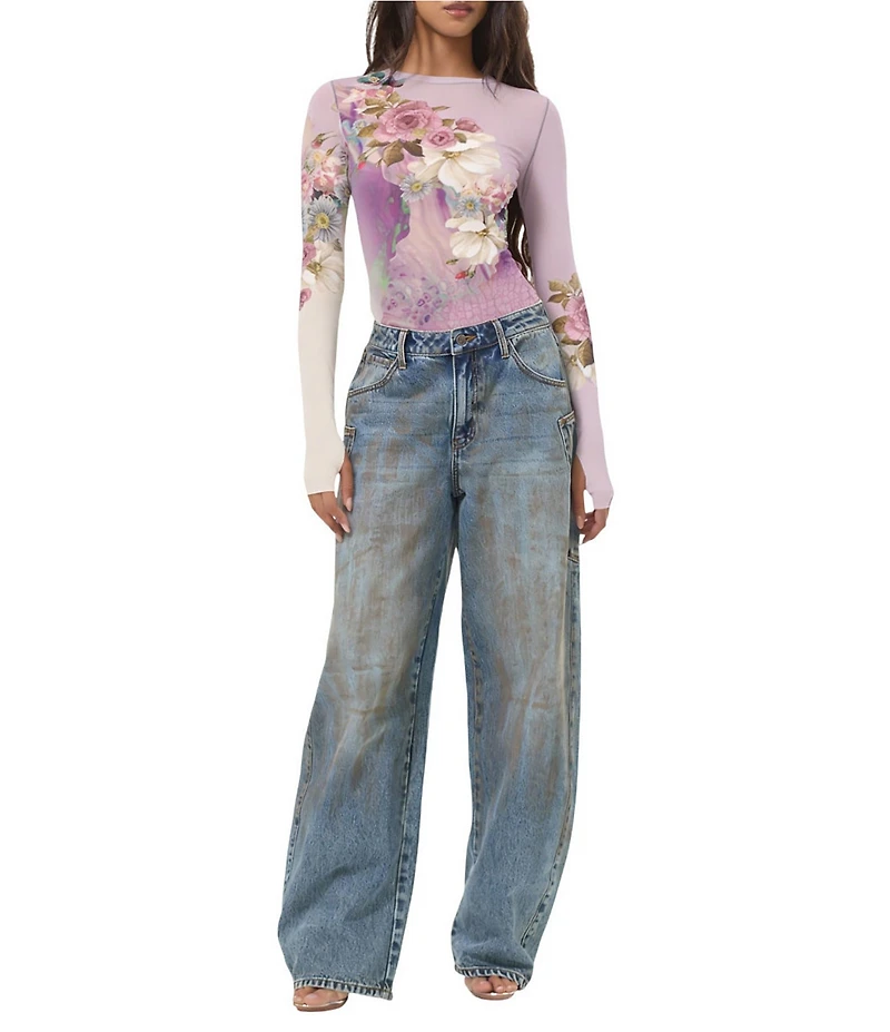 AFRM Kaylee Floral Printed Crew Neck Long Sleeve Mesh Top