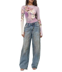 AFRM Kaylee Floral Printed Crew Neck Long Sleeve Mesh Top