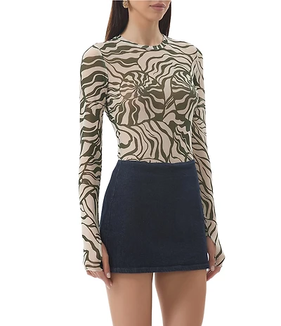 AFRM Kaylee Printed Mesh Crew Neck Long Sleeve Top