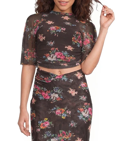 AFRM Khylie Snake Floral Printed Mock Neck Short Sleeve Coordinating Mesh Top