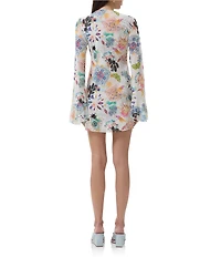 AFRM Kori Printed Mesh Crew Neck Front Keyhole Long Bell Sleeve Mini Dress