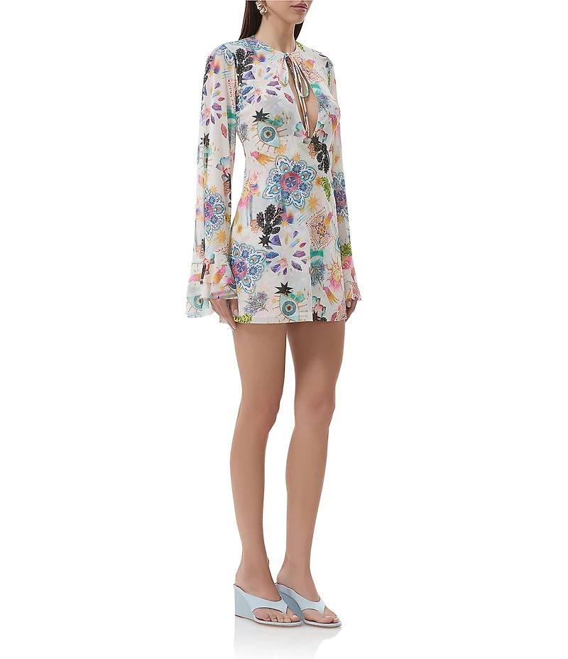 AFRM Kori Printed Mesh Crew Neck Front Keyhole Long Bell Sleeve Mini Dress