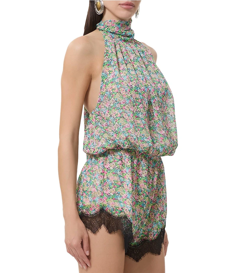 AFRM Logain Floral Print Mock Neck Sleeveless Lace Trim Romper