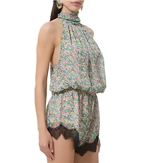 AFRM Logain Floral Print Mock Neck Sleeveless Lace Trim Romper