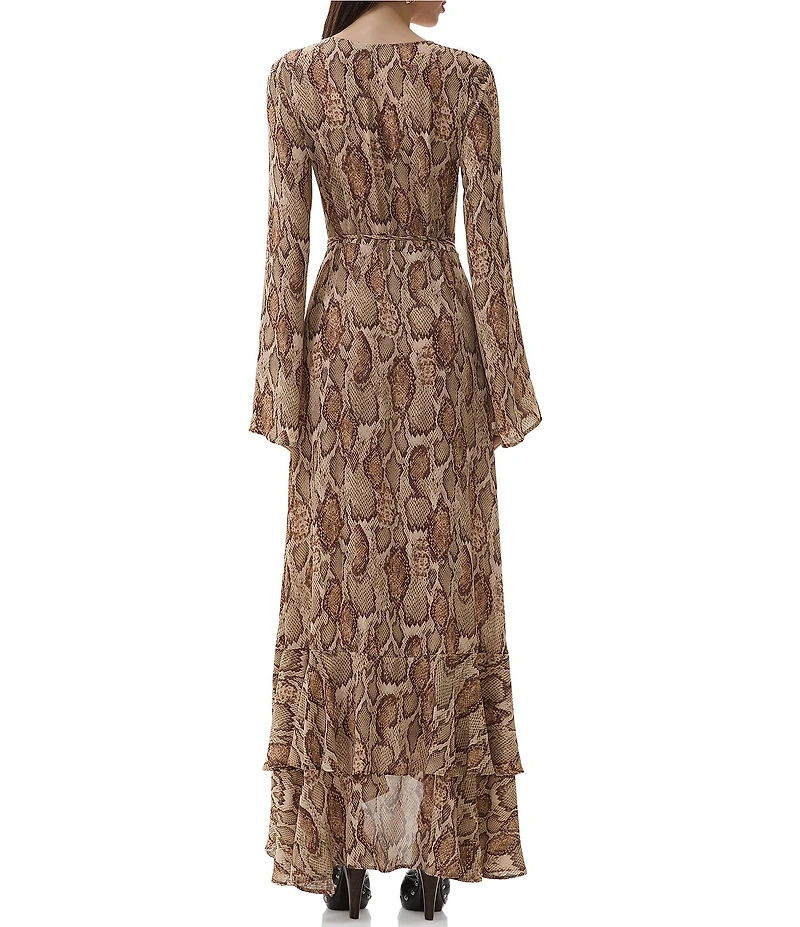 AFRM Mimi Snake Print Surplice V-Neck Long Sleeve Faux Wrap Maxi Dress
