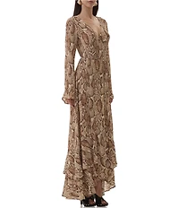 AFRM Mimi Snake Print Surplice V-Neck Long Sleeve Faux Wrap Maxi Dress