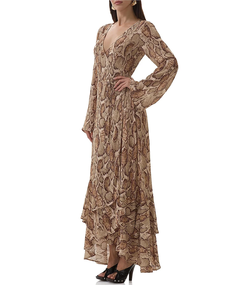 AFRM Mimi Snake Print Surplice V-Neck Long Sleeve Faux Wrap Maxi Dress