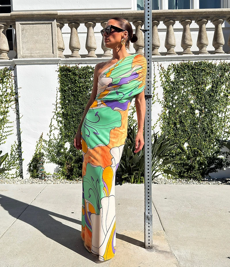 AFRM Mirabel Floral Print Asymmetric One-Shoulder Maxi Dress