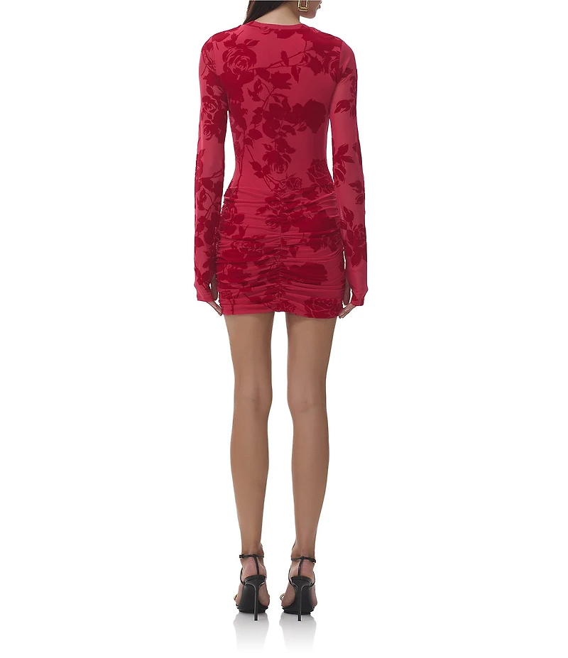 AFRM Mirza Floral Flocked Crew Neck Long Sleeve Mesh Mini Dress