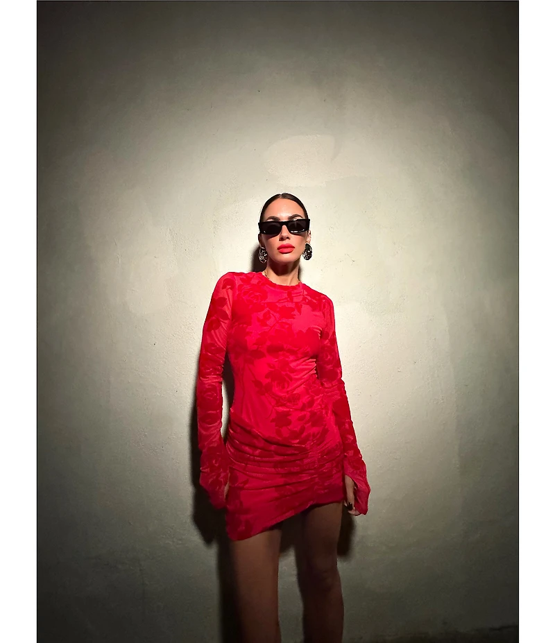 AFRM Mirza Floral Flocked Crew Neck Long Sleeve Mesh Mini Dress