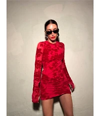 AFRM Mirza Floral Flocked Crew Neck Long Sleeve Mesh Mini Dress