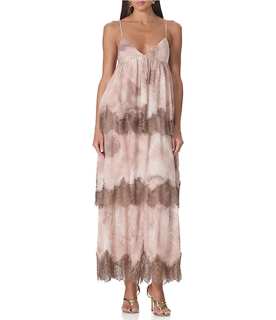 AFRM Murray Dune Snake Print V-Neck Sleeveless Lace Trim Crepe Maxi Dress