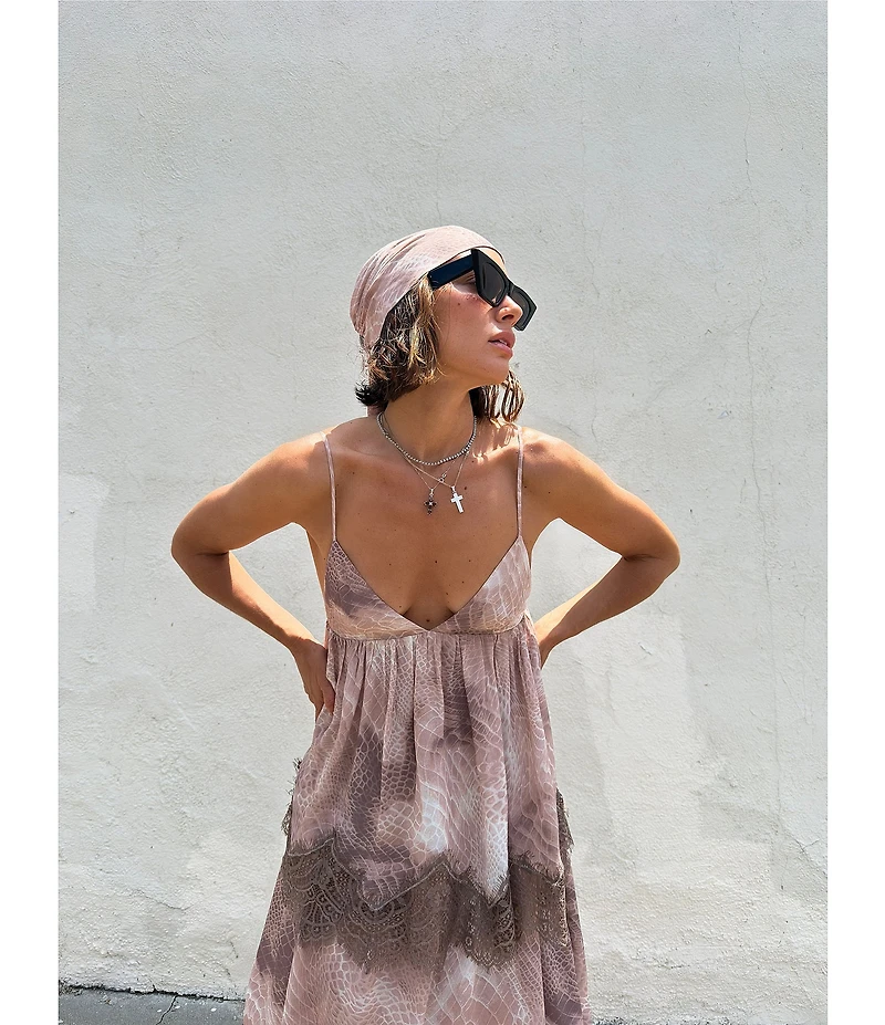AFRM Murray Dune Snake Print V-Neck Sleeveless Lace Trim Crepe Maxi Dress