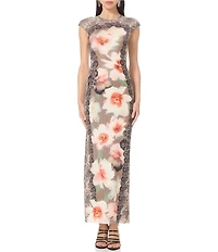 AFRM Mylo Lace Floral Mix-Printed Crew Neck Cap Sleeve Mesh Maxi Dress