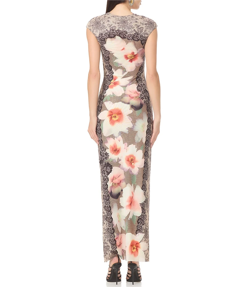 AFRM Mylo Lace Floral Mix-Printed Crew Neck Cap Sleeve Mesh Maxi Dress