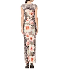 AFRM Mylo Lace Floral Mix-Printed Crew Neck Cap Sleeve Mesh Maxi Dress