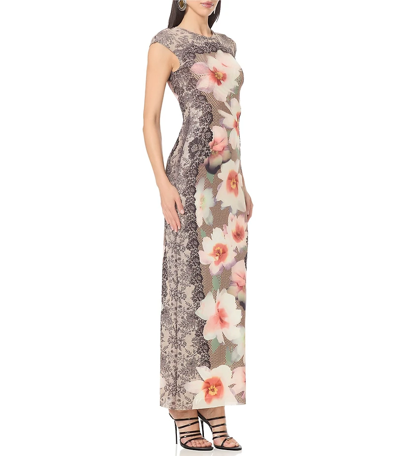 AFRM Mylo Lace Floral Mix-Printed Crew Neck Cap Sleeve Mesh Maxi Dress