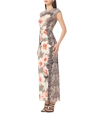 AFRM Mylo Lace Floral Mix-Printed Crew Neck Cap Sleeve Mesh Maxi Dress
