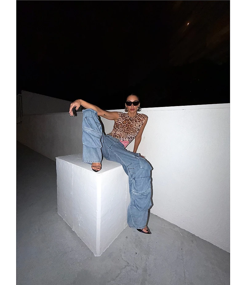 AFRM Nina Animal Floral Print Crew Neck Short Sleeve Mesh Top