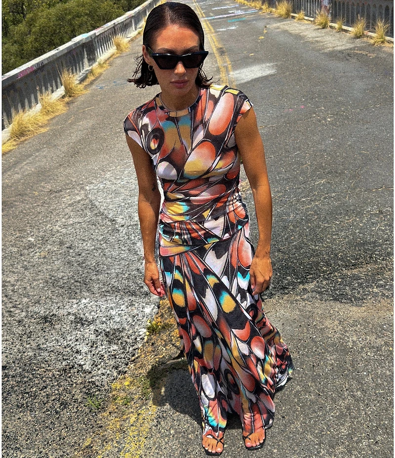 AFRM Nina Butterfly Printed Crew Neck Cap Sleeve Coordinating Mesh Tee
