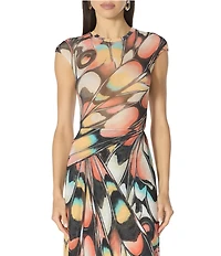 AFRM Nina Butterfly Printed Crew Neck Cap Sleeve Coordinating Mesh Tee