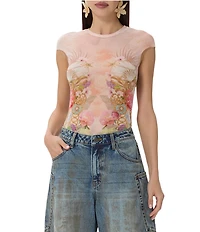 AFRM Nina Printed Crew Neck Short Sleeve Mesh Top
