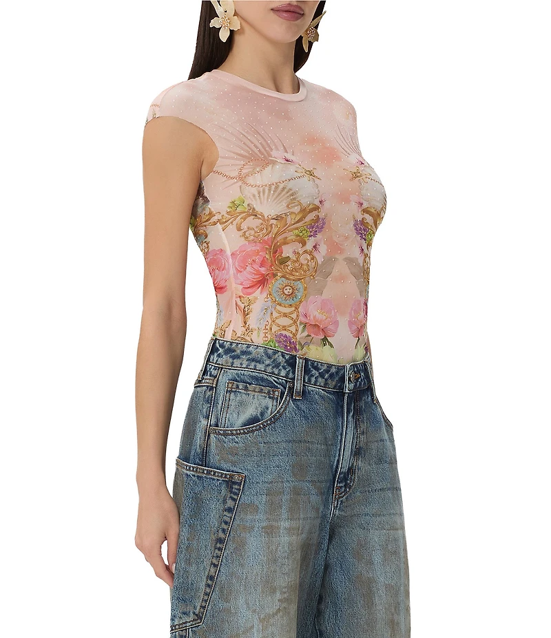 AFRM Nina Printed Crew Neck Short Sleeve Mesh Top