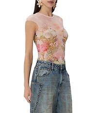 AFRM Nina Printed Crew Neck Short Sleeve Mesh Top