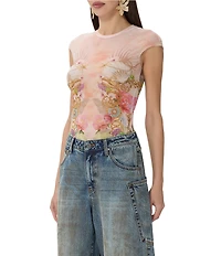 AFRM Nina Printed Crew Neck Short Sleeve Mesh Top