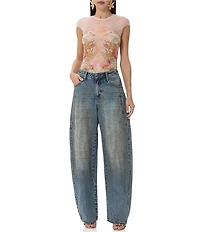 AFRM Nina Printed Crew Neck Short Sleeve Mesh Top