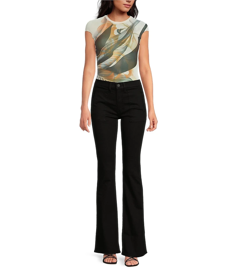 AFRM Nina Floral Leaf Printed Power Mesh Knit Crew Neck Short Sleeve Top