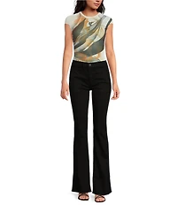 AFRM Nina Floral Leaf Printed Power Mesh Knit Crew Neck Short Sleeve Top