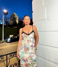 AFRM Nissa Floral Mesh V-Neck Sleeveless Spaghetti Strap Lace Trim Sheath Midi Dress
