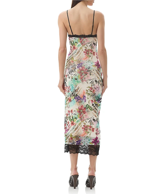AFRM Nissa Floral Mesh V-Neck Sleeveless Spaghetti Strap Lace Trim Sheath  Midi Dress at CoolSprings Galleria in Franklin, TN
