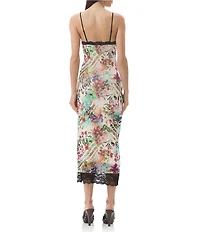 AFRM Nissa Floral Mesh V-Neck Sleeveless Spaghetti Strap Lace Trim Sheath Midi Dress