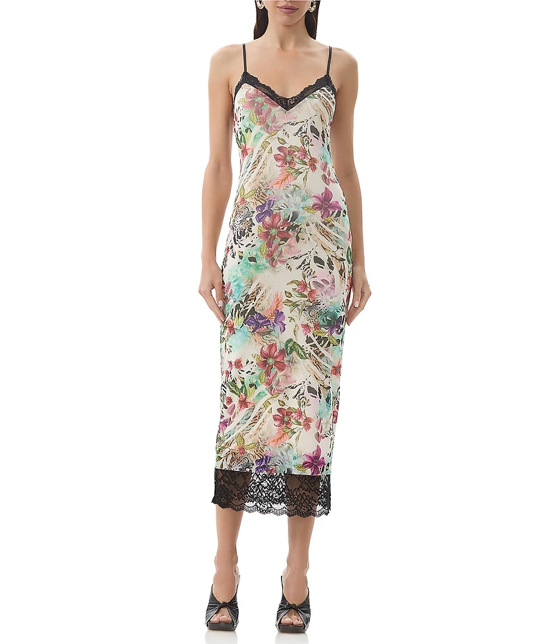 AFRM Nissa Floral Mesh V-Neck Sleeveless Spaghetti Strap Lace Trim Sheath Midi Dress