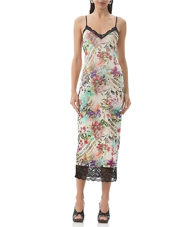 AFRM Nissa Floral Mesh V-Neck Sleeveless Spaghetti Strap Lace Trim Sheath Midi Dress