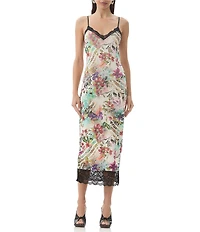 AFRM Nissa Floral Mesh V-Neck Sleeveless Spaghetti Strap Lace Trim Sheath Midi Dress