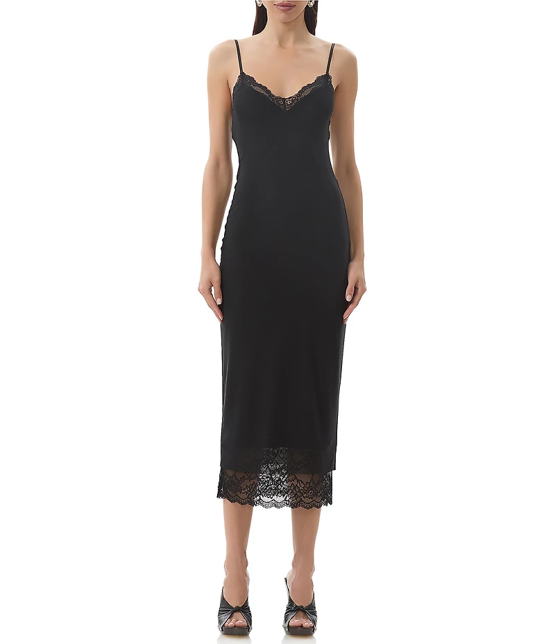 AFRM Nissa Mesh V-Neck Sleeveless Spaghetti Strap Lace Trim Sheath Midi Dress