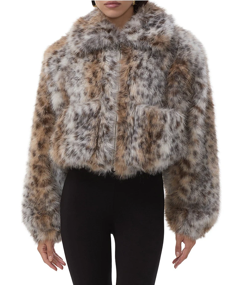 AFRM Norway Leopard Print V-Neck Long Sleeve Faux Fur Jacket