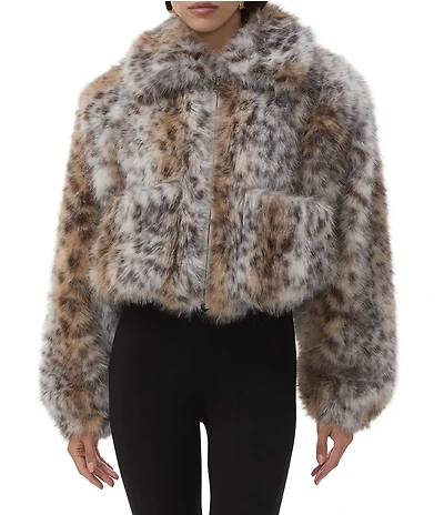 AFRM Norway Leopard Print V-Neck Long Sleeve Faux Fur Jacket
