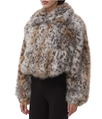 AFRM Norway Leopard Print V-Neck Long Sleeve Faux Fur Jacket