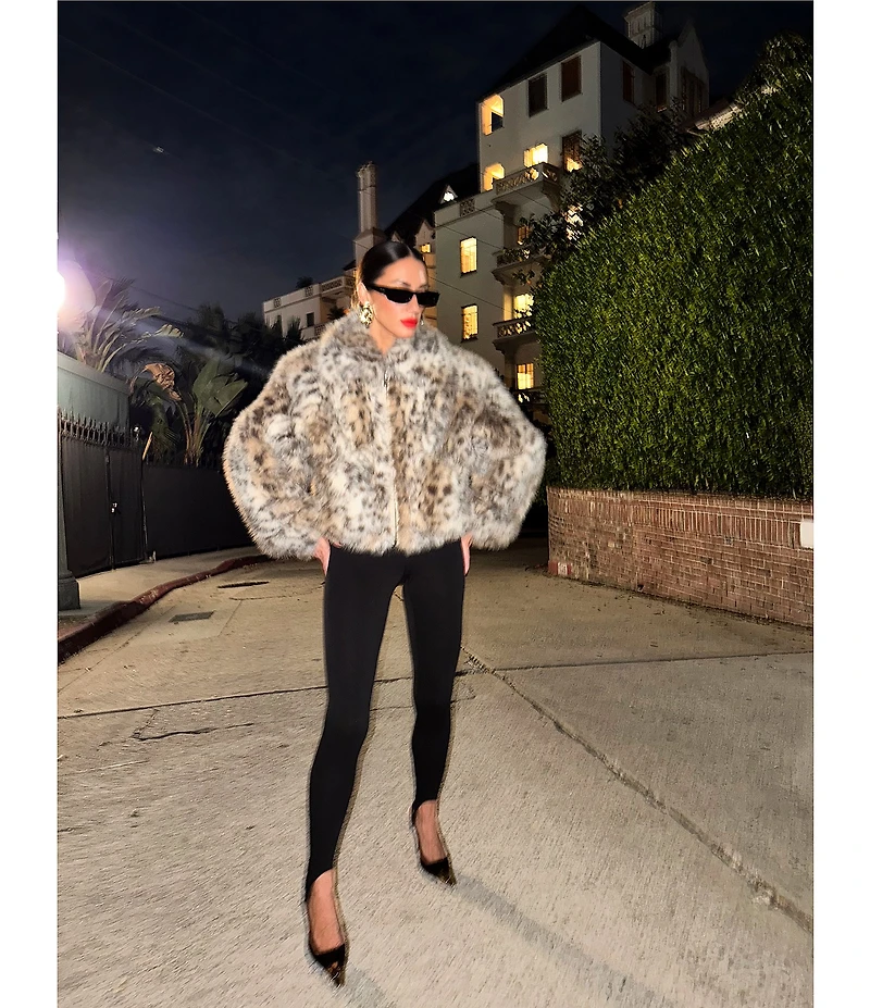 AFRM Norway Leopard Print V-Neck Long Sleeve Faux Fur Jacket