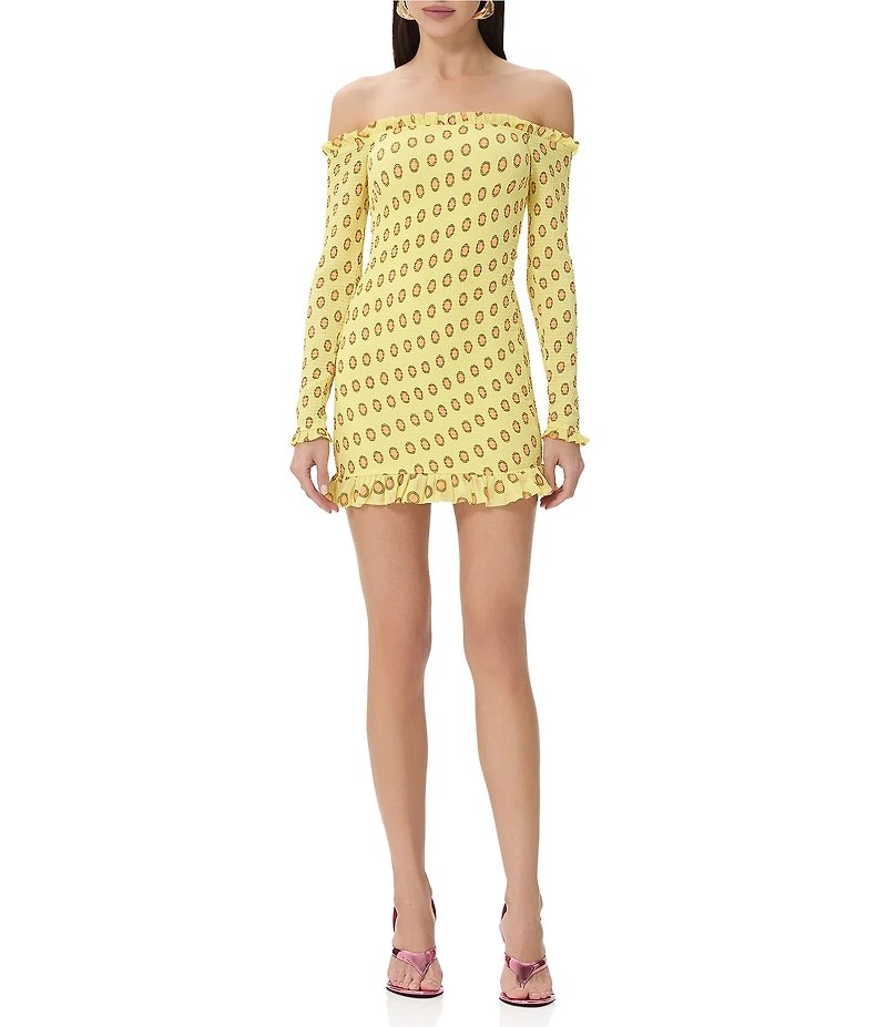 AFRM Peck Deco Dot Print Smocked Off-The-Shoulder Long Sleeve Mesh Mini Dress