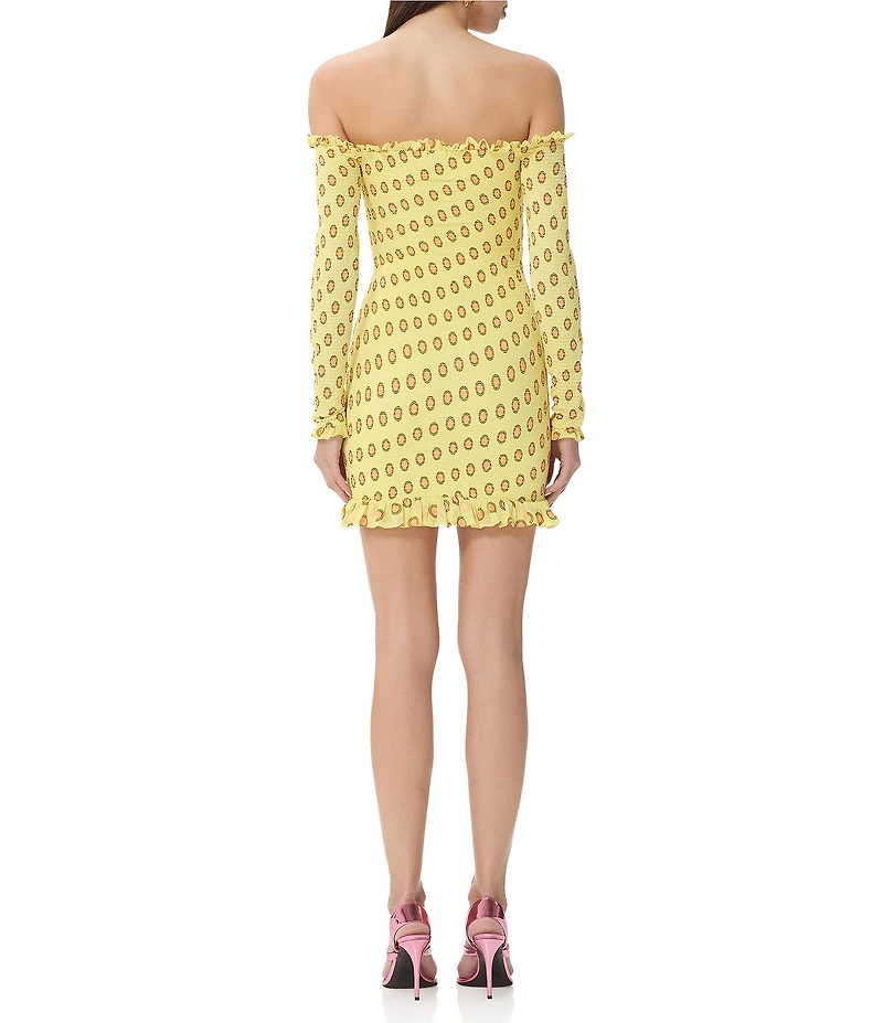 AFRM Peck Deco Dot Print Smocked Off-The-Shoulder Long Sleeve Mesh Mini Dress