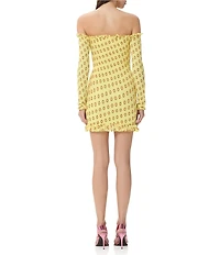 AFRM Peck Deco Dot Print Smocked Off-The-Shoulder Long Sleeve Mesh Mini Dress